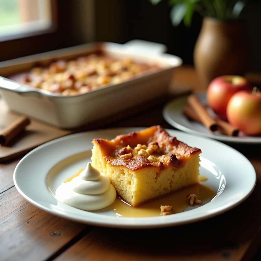 Bread pudding de pan de centeno y manzana sin azúcar recién horneado, con superficie dorada y trozos de manzana asomando, servido en un plato de cerámica blanca sobre fondo rústico de madera.