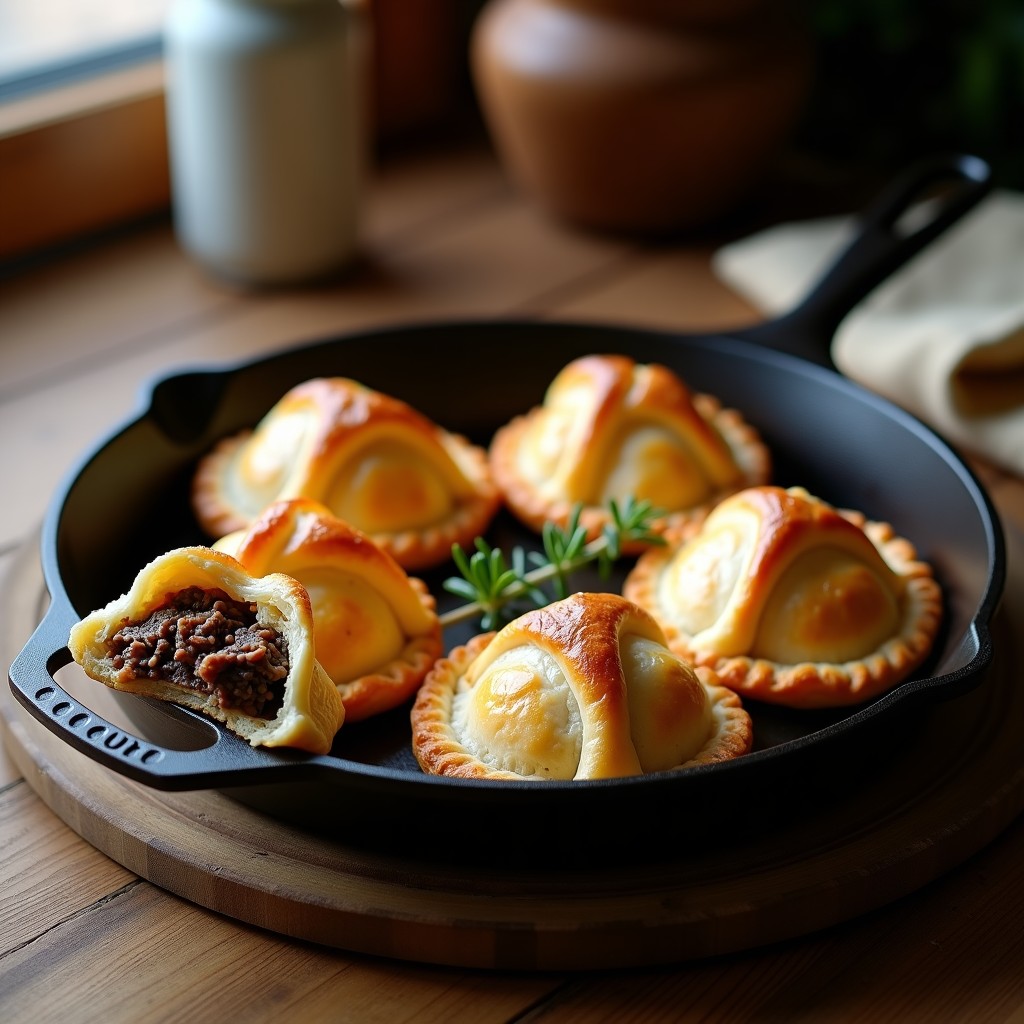 Bridies escoceses dorados y crujientes sobre una bandeja de horno rústica, con relleno de carne de res y champiñones asomando por los bordes sellados. Acompañados de hojas de laurel y tomillo fresco.