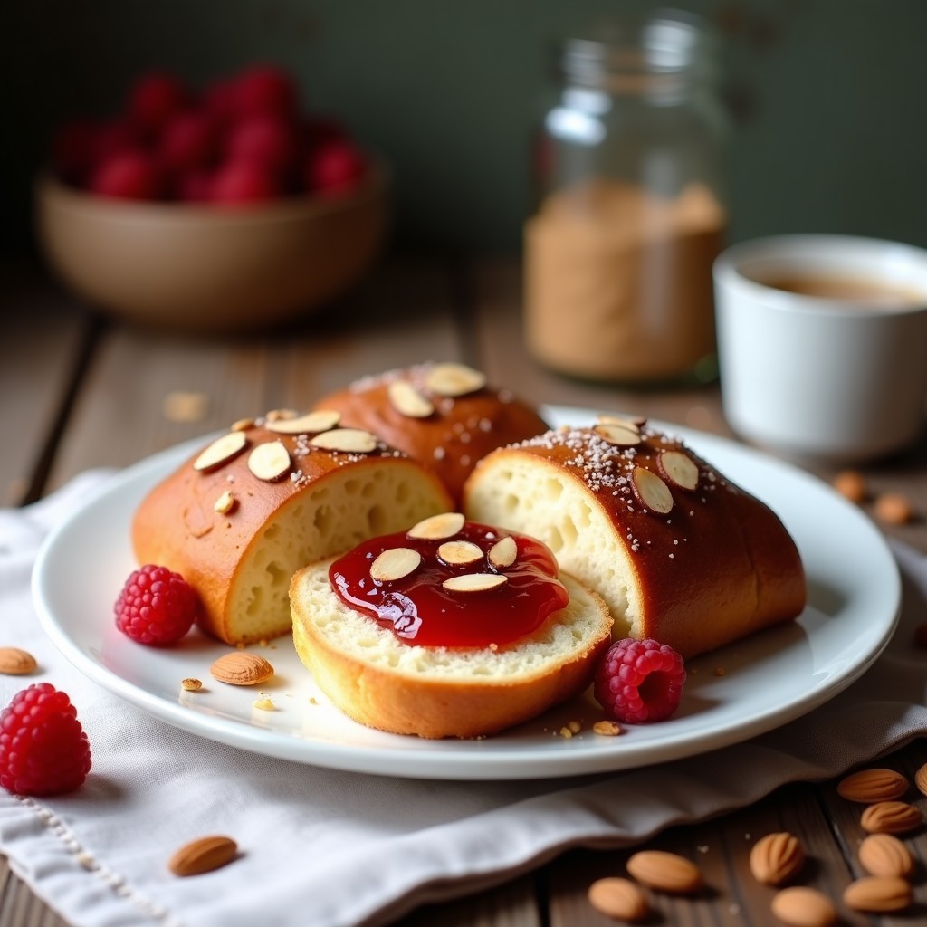 Brioche francés dorado y esponjoso de harina de almendra, cortado por la mitad y relleno de mermelada de frambuesa keto, sobre una mesa de madera rústica con taza de café y frambuesas frescas al fondo.