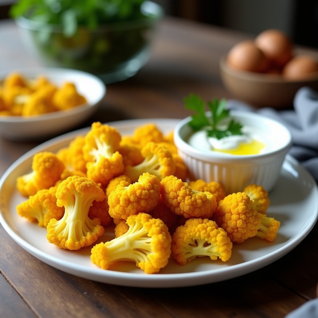 Brocas de coliflor doradas y crujientes con especias al curry, servidas en un plato blanco con salsa cremosa de yogur griego y cilantro fresco. Aperitivo keto y baja en calorías preparado en airfryer.