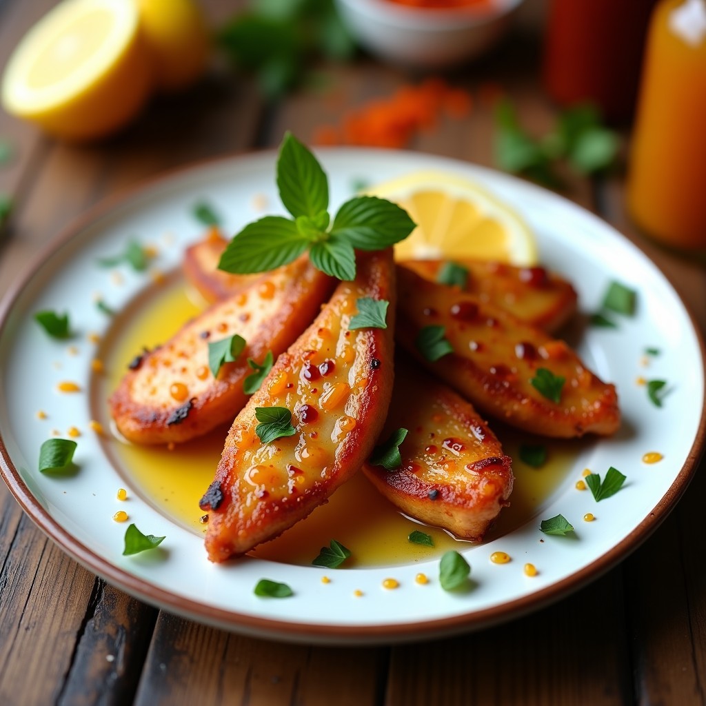 Brocas de pollo doradas y crujientes en un plato blanco, bañadas en una salsa glaseada de cítricos y especias marroquíes, decoradas con cilantro fresco y semillas de sésamo, con rodajas de limón al fondo.