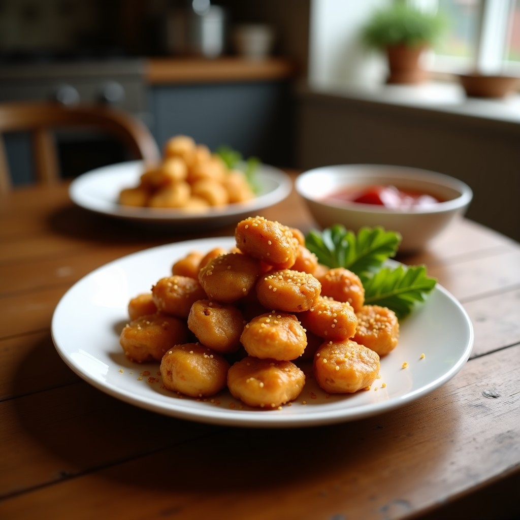 Brocas de pollo doradas y crujientes en airfryer, glaseadas con miel de agave y cubiertas de semillas de sésamo tostadas, servidas sobre cebolla morada y pimiento rojo salteados. Receta china dulce y salada.