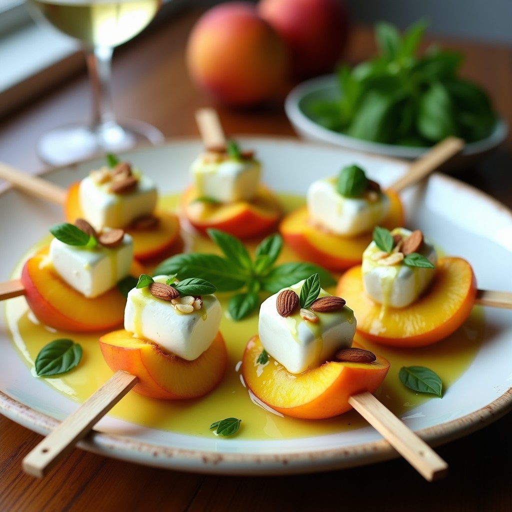 Brochetas de durazno amarillo y mozzarella fiore di latte ensartadas en palillos de madera, dispuestas en una fuente de cerámica blanca con vinagreta de albahaca verde brillante rociada por encima. Almendras fileteadas tostadas y hojas de albahaca fresca como decoración. Fondo difuminado con luz natural de verano.