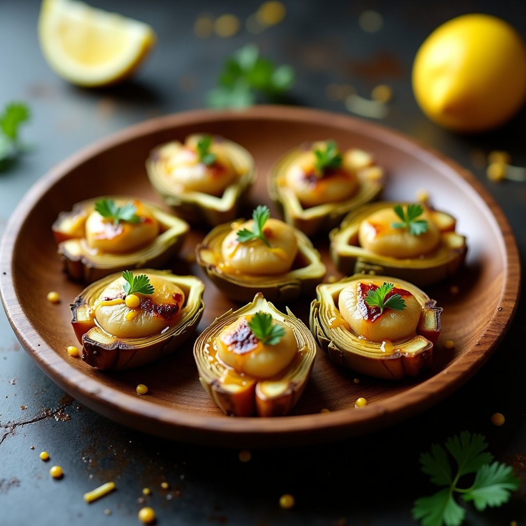 Brochetas de corazón de alcachofa y anchoas en escabeche keto, servidas en plato blanco con escabeche dorado y cebollino fresco, receta española rápida y baja en carbohidratos.