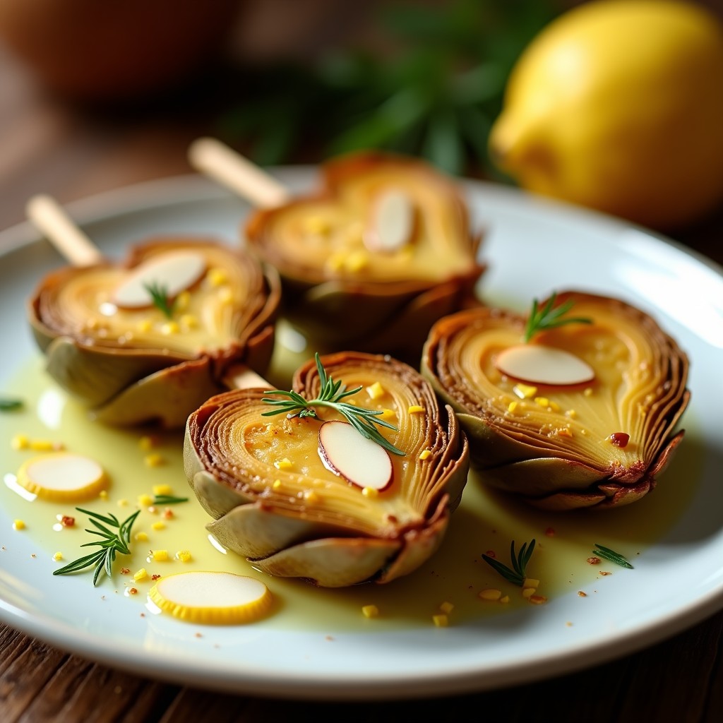 Brochetas de corazón de alcachofa marinada en azafrán dispuestas en un plato de barro rústico, con trozos dorados y crujientes, almendras fileteadas tostadas y cebollino fresco espolvoreado. Fondo borroso con toques de aceite de oliva y hebras de azafrán.