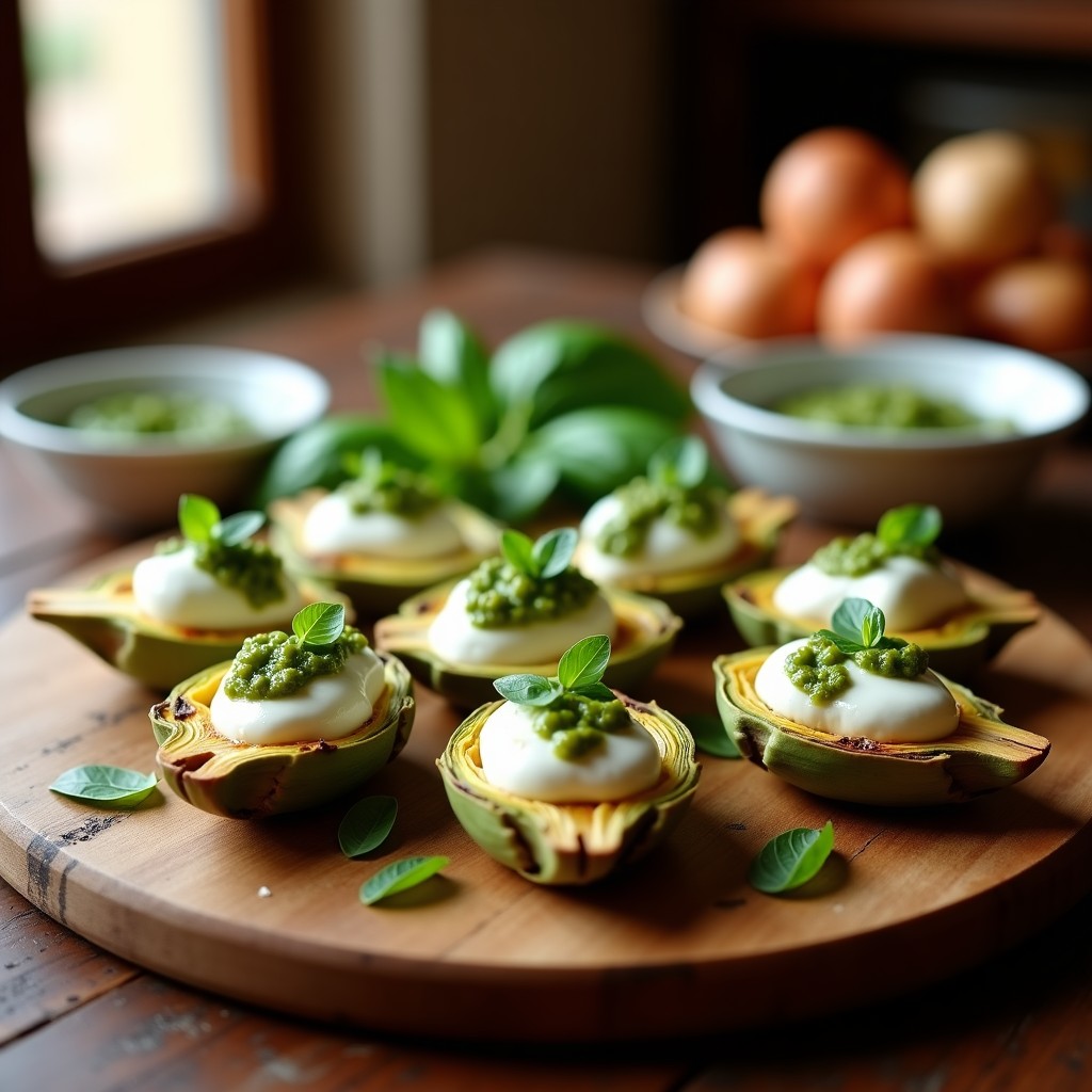 Brochetas de Corazón de Alcachofa y Queso de Burrata con Pesto de Albahaca: Aperitivo Italiano Gourmet