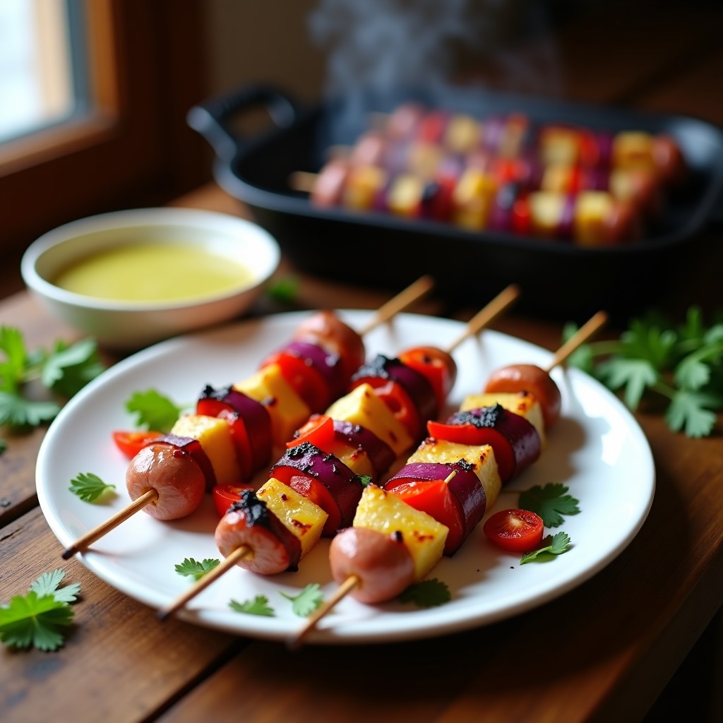 Brochetas de corazón de alcachofa y chorizo de Sincelejo en parrilla, con trozos dorados de alcachofa, chorizo jugoso, cebolla morada y pimiento rojo, glaseadas con miel y romero, servidas sobre un plato de madera rústico.