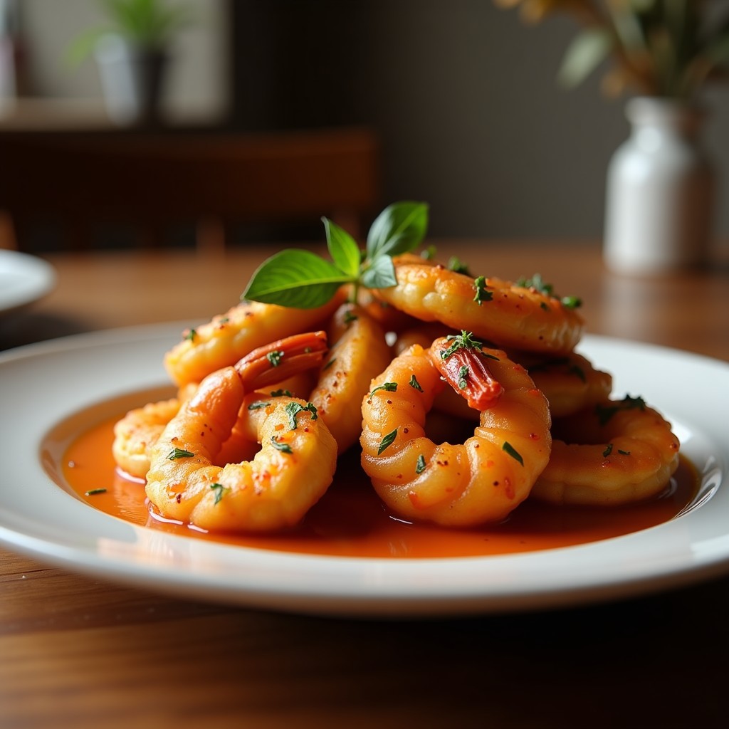 Brochetas doradas de corazón de alcachofa y gambas con salsa de ajo negro, servidas en plato blanco con cilantro fresco y limón, receta en airfryer.