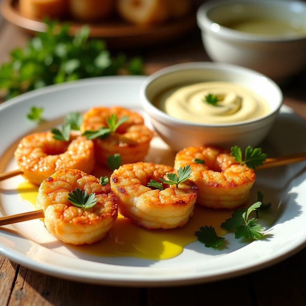 Brochetas doradas de corazón de alcachofa y gambas con alioli vegano cremoso, servidas en plato blanco con perejil fresco y hilo de aceite de oliva, receta crujiente en airfryer.