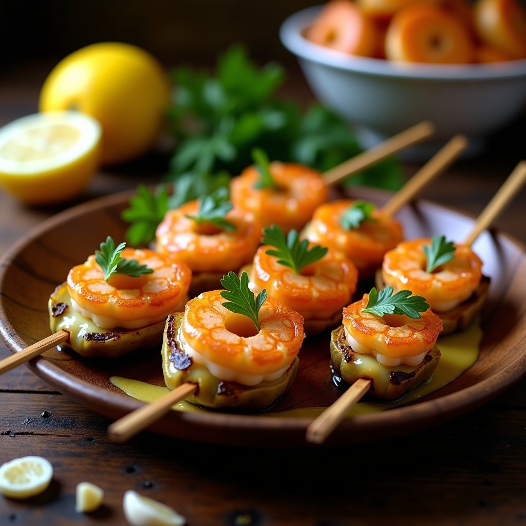 Brochetas de corazón de alcachofa doradas y gambas rosadas al horno, decoradas con perejil fresco y ajo en láminas, sobre bandeja rústica de madera con limón al lado.