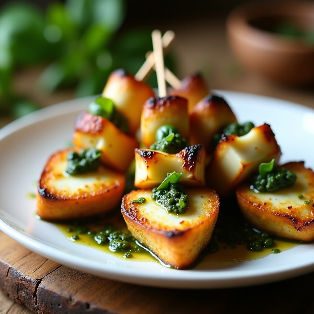 Brochetas doradas en airfryer con corazones de alcachofa y mozzarella de búfala fundente, servidas sobre tabla de madera con pesto de ajos negros oscuro y piñones. Receta gourmet de aperitivo italiano crujiente.