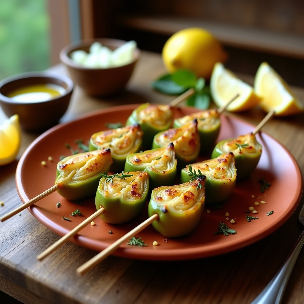 Brochetas doradas de corazón de alcachofa y pimiento del Padrón servidas en plato blanco rústico, con fondo de madera y hierbas frescas, receta española en airfryer.