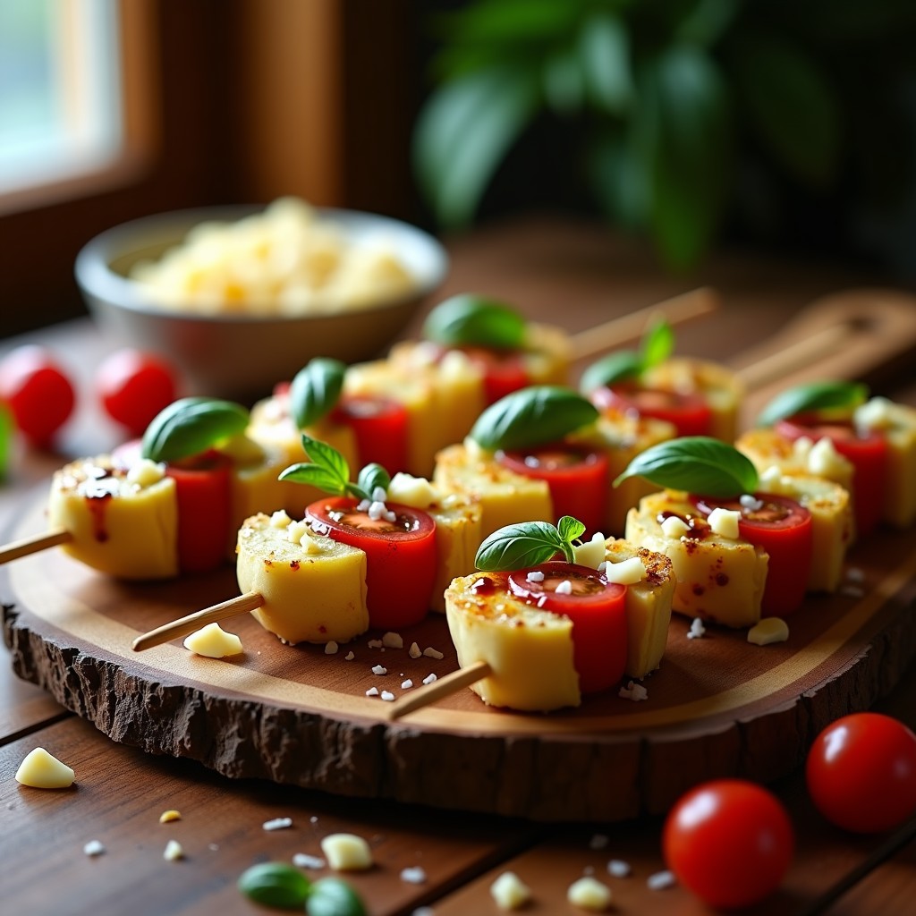 Brochetas doradas de corazón de alcachofa y provolone ahumado en airfryer, con tomates cherry y albahaca fresca, bañadas en vinagreta de balsámico y miel, sobre fondo rústico de madera.