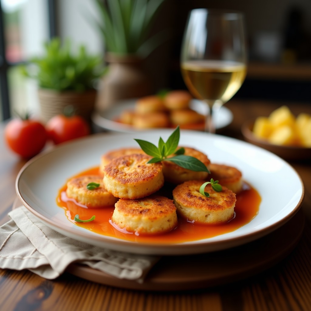 Brochetas de corazón de alcachofa, queso de cabra y tomate seco en palillos de madera, servidas en bandeja de madera con vinagreta de balsámico y albahaca fresca, aperitivo mediterráneo elegante.