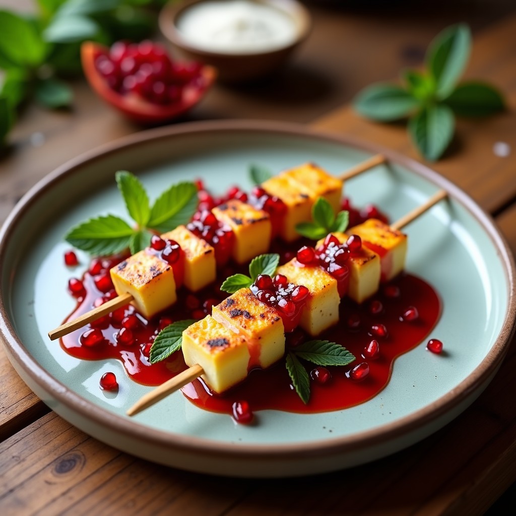 Brochetas doradas de corazón de alcachofa y queso halloumi al grill, servidas en plato de barro con salsa de granada brillante y semillas rojas, decoradas con hojas de menta fresca. Receta chipriota gourmet.