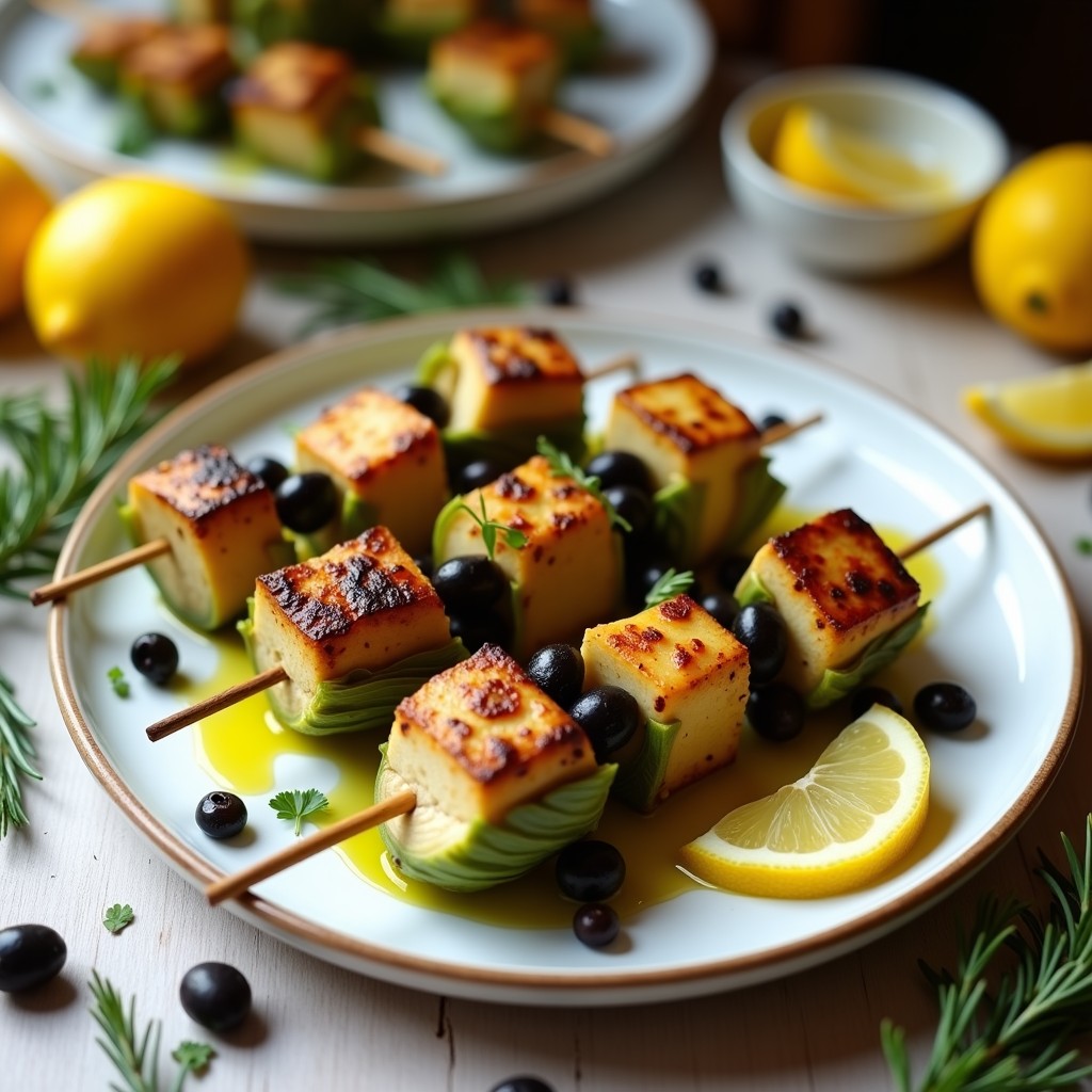 Brochetas de corazón de alcachofa y tempeh dorado en palitos de madera, servidas en plato blanco con aceitunas, alcaparras y rodajas de limón. Receta mediterránea en olla express alta en fibra.