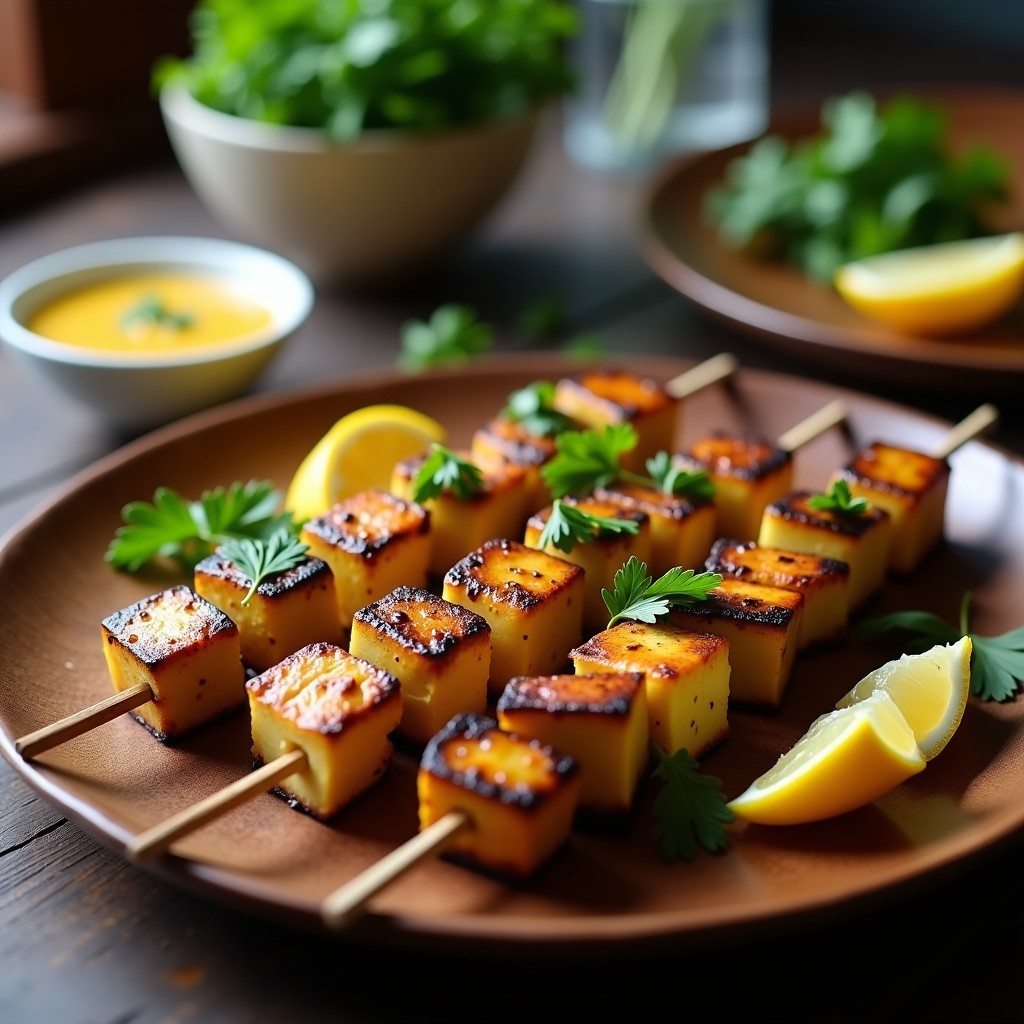 Brochetas veganas al grill con trozos dorados de corazón de alcachofa, tofu ahumado, pimiento rojo y cebolla morada, servidas en plato rústico con aderezo de limón y cilantro fresco.