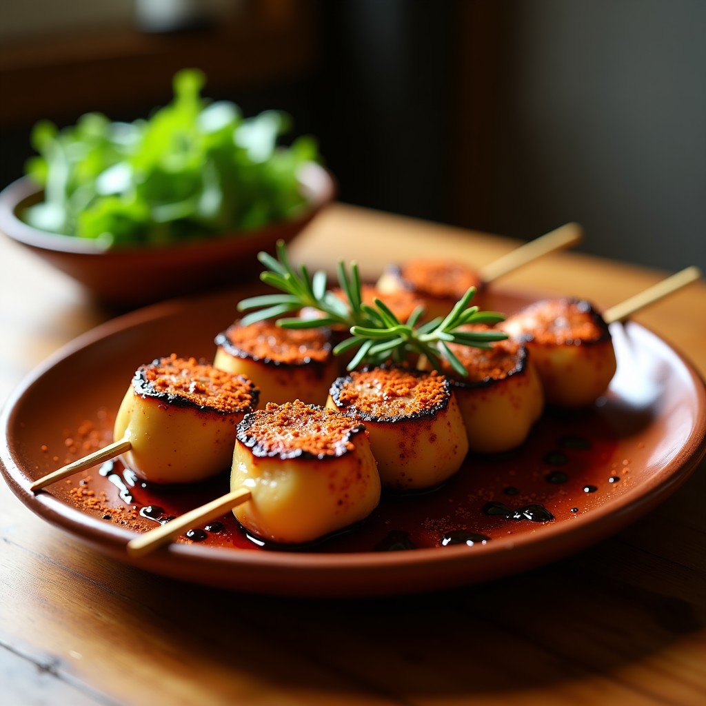 Brochetas gourmet de corazón de alcachofa y ventresca de atún doradas, bañadas en reducción brillante de Pedro Ximénez, servidas en fuente de barro con pimentón espolvoreado y hierbas frescas.
