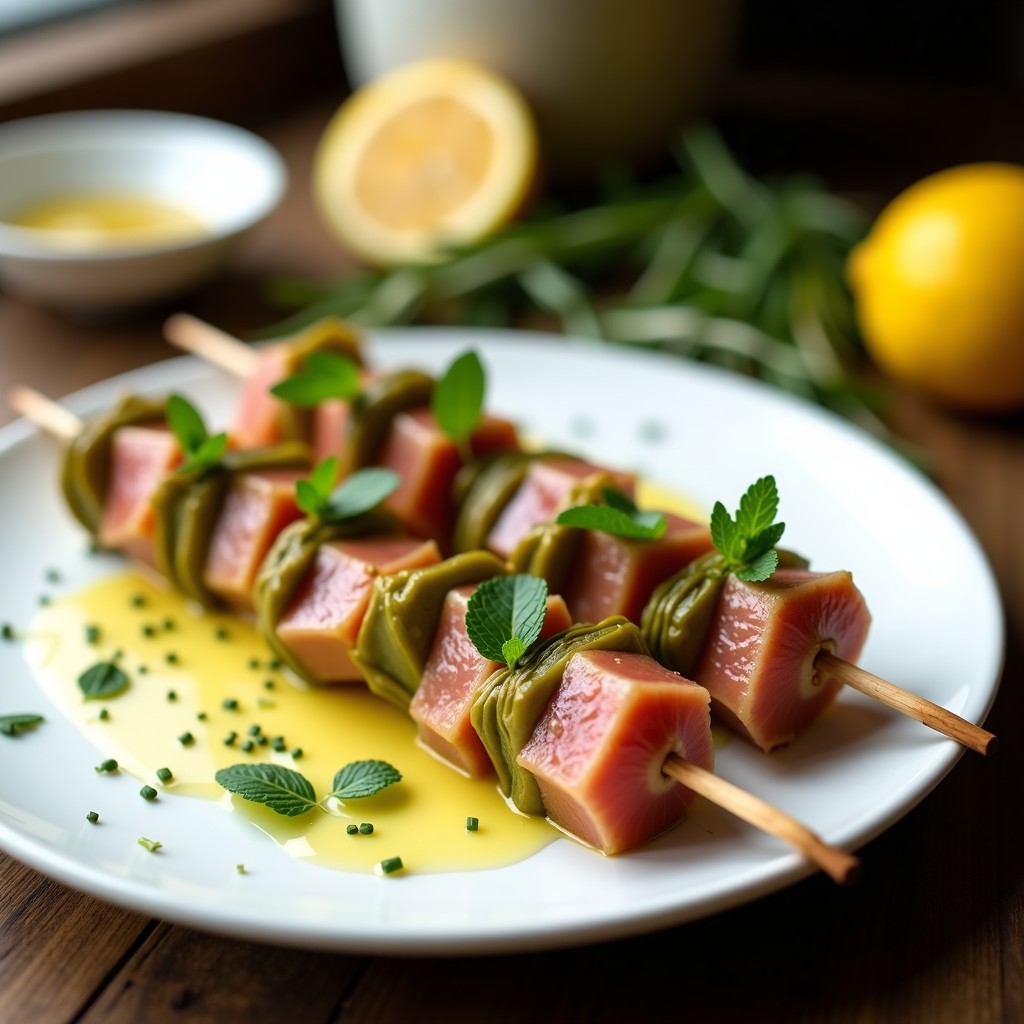Brochetas gourmet de corazón de alcachofa y ventresca de atún con vinagreta de limón confitado, servidas en fuente blanca con decoración de menta fresca y cebollino.