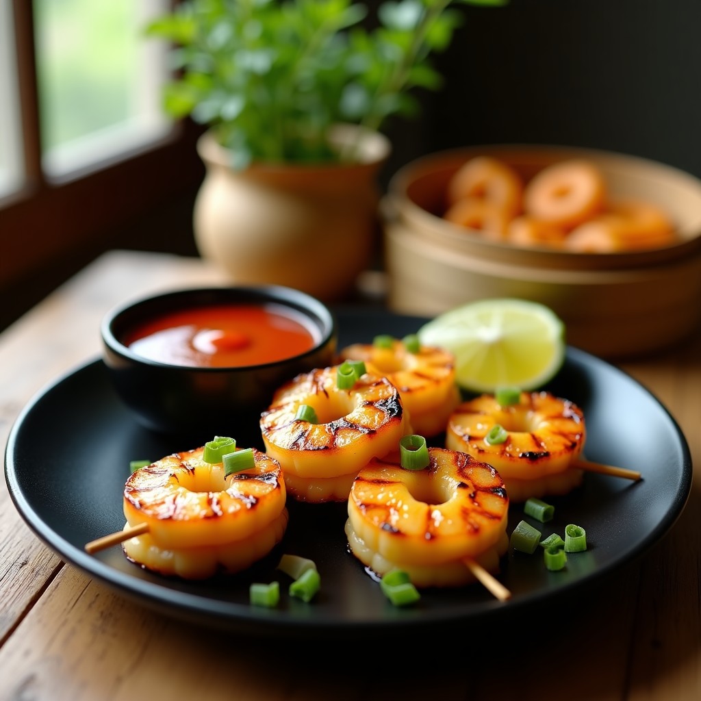 Brochetas doradas de ananás y gambas asadas en parrilla, con marcas de grill, servidas sobre plato de cerámica negra con salsa de chili roja brillante y cebollino picado. Receta tailandesa de brochetas de ananás y gambas con salsa de chili.