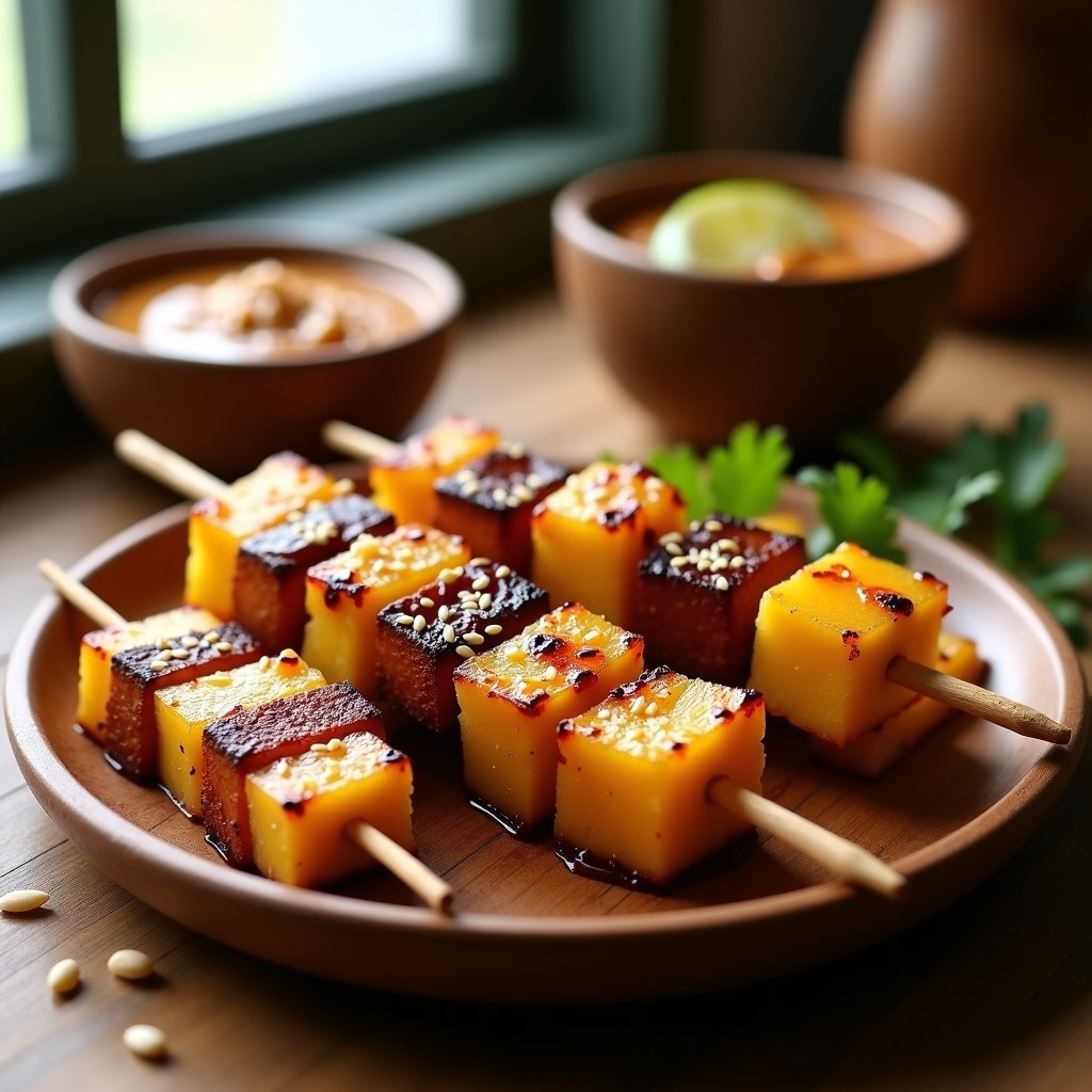 Brochetas doradas de ananás caramelizado y tempeh crujiente servidas en plato de madera con salsa de cacahuete espesa y brillante, decoradas con semillas de sésamo. Receta indonesia en airfryer.