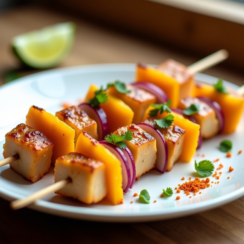 Brochetas doradas de atún y mango en palillos de madera, con trozos jugosos de mango y atún ligeramente sellado, espolvoreadas con chile de árbol y decoradas con cebollino fresco sobre un plato blanco. Receta en airfryer alta en omega-3.