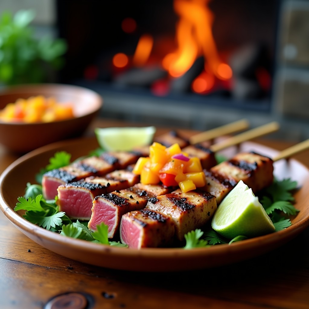 Brochetas de atún a la parrilla con trozos dorados de mango, cebolla morada y pimiento rojo, servidas sobre un plato de barro con salsa de mango y chile chipotle espesa y brillante, decoradas con cilantro fresco. Receta mexicana keto alta en proteína.
