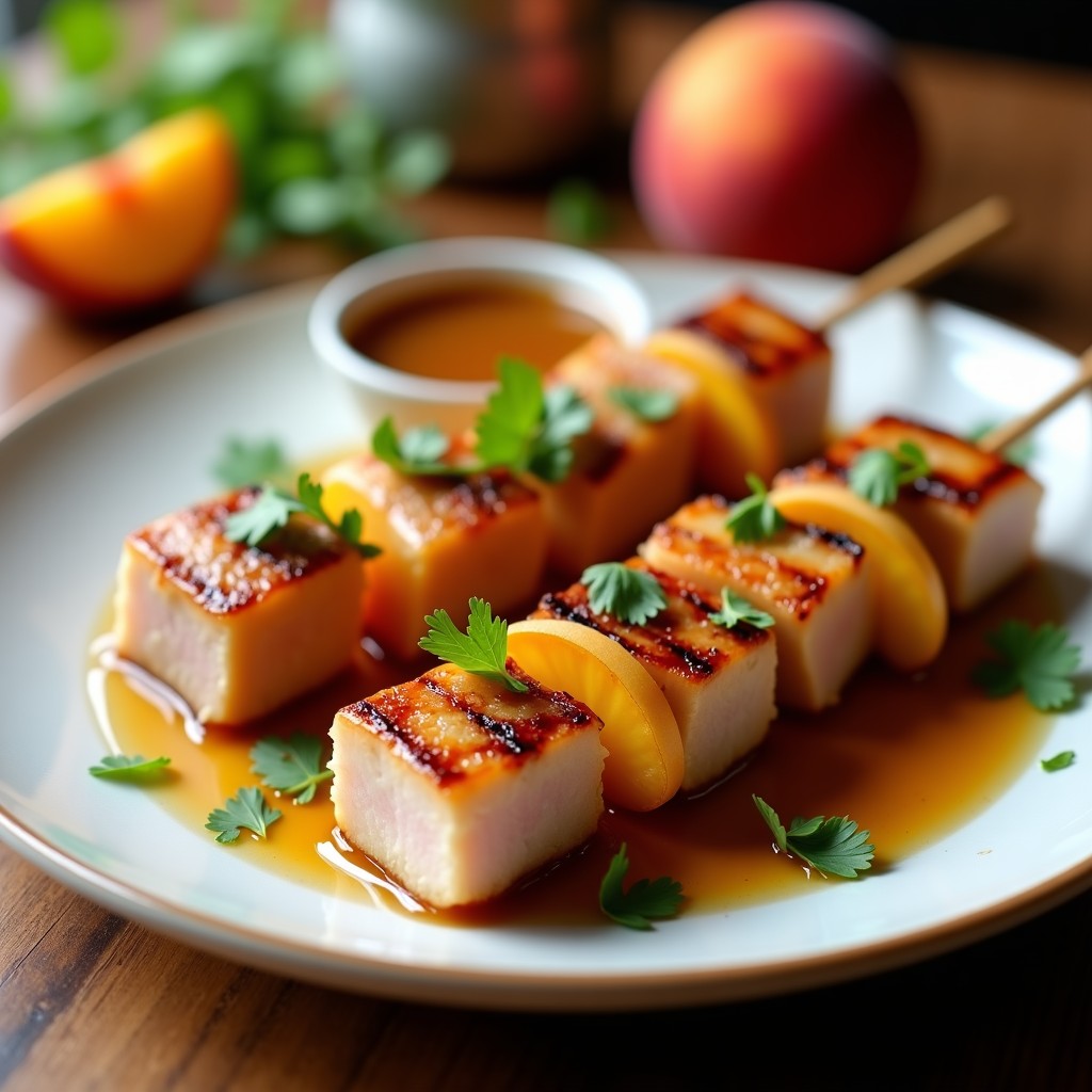 Brochetas doradas de atún y melocotón con glaseado brillante de miel y mostaza, servidas en plato blanco sobre fondo de madera. El atún está perfectamente sellado y el melocotón caramelizado, decorado con cilantro fresco.