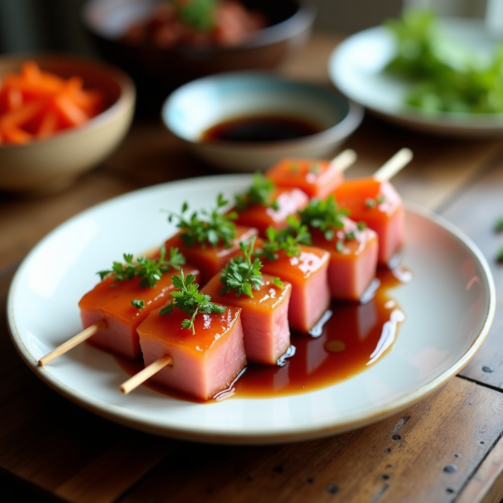 Brochetas de atún fresco y melón piel de sapo en palillos de bambú, con salsa de soja y jengibre, servidas en fuente blanca con semillas de sésamo negro y cebollino picado, receta japonesa en airfryer.
