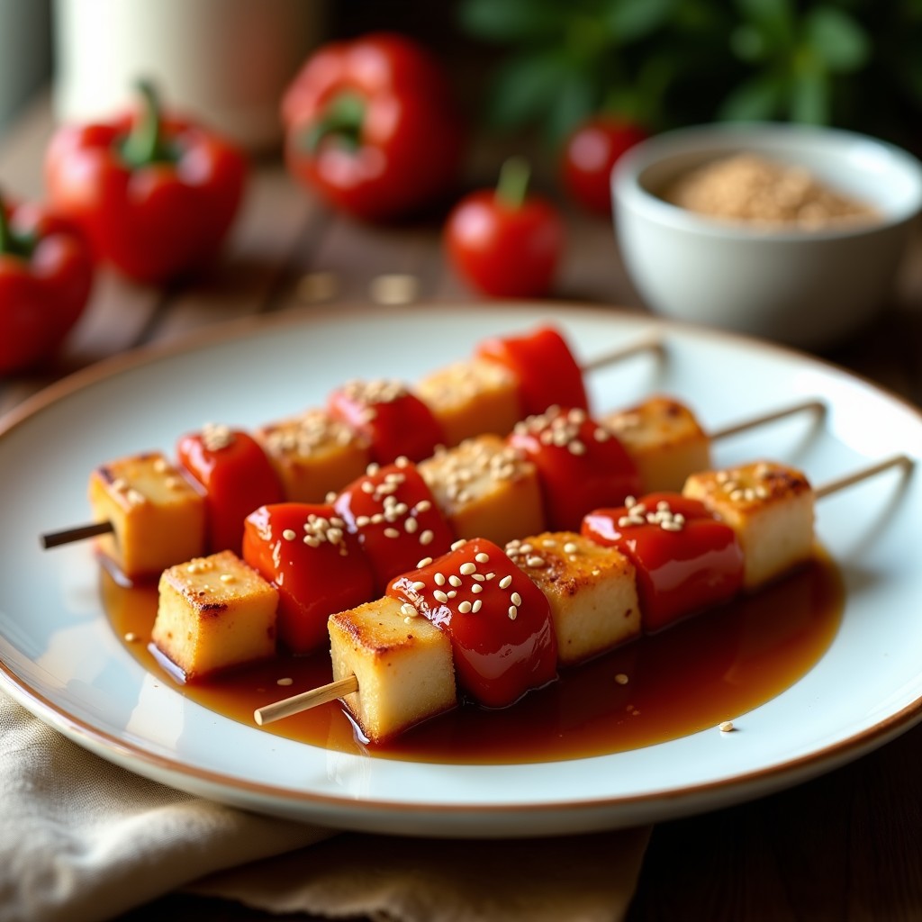 Brochetas de atún fresco y pimiento rojo asado en airfryer, doradas y jugosas, bañadas en una salsa brillante de soja y miel, espolvoreadas con semillas de sésamo y cebollino picado, servidas sobre un plato de madera oscura con fondo desenfocado.