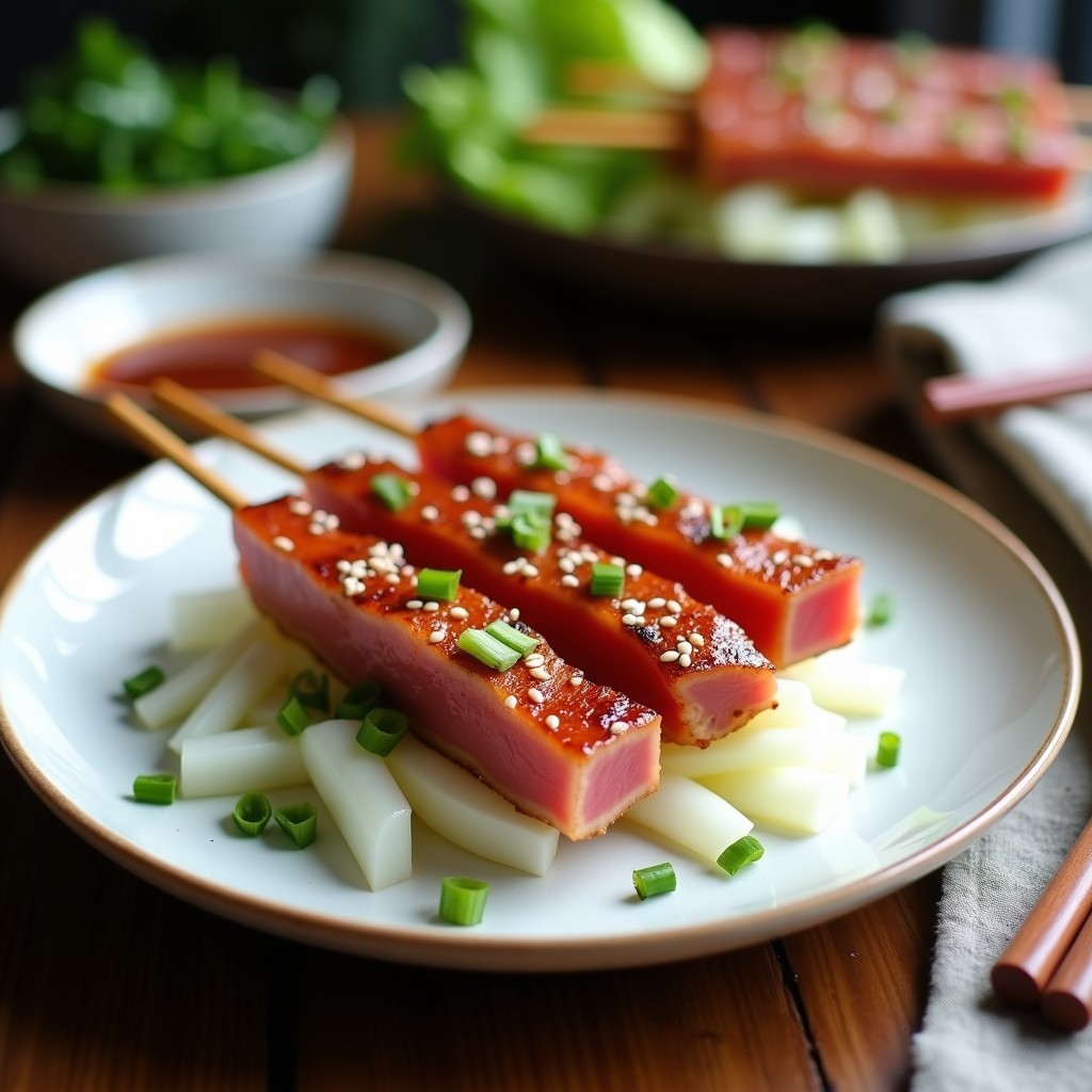 Brochetas de Atún Marinado en Salsa Ponzu: Receta Japonesa al Grill con Ensalada de Rábano Daikon