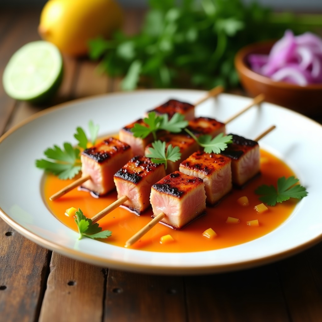 Brochetas de atún sellado en trozos dorados alternados con cebolla morada, servidas sobre un plato blanco con salsa de mango habanero en un bol aparte, decoradas con cilantro fresco. Receta caribeña rápida y picante.