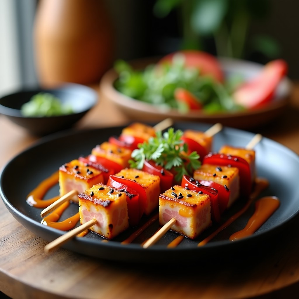 Brochetas de atún doradas y jugosas con trozos de pimiento rojo y cebolla morada, servidas en plato de cerámica negra con salsa nikkei de maracuyá brillante y semillas de sésamo negro espolvoreadas, fondo borroso de cocina moderna.