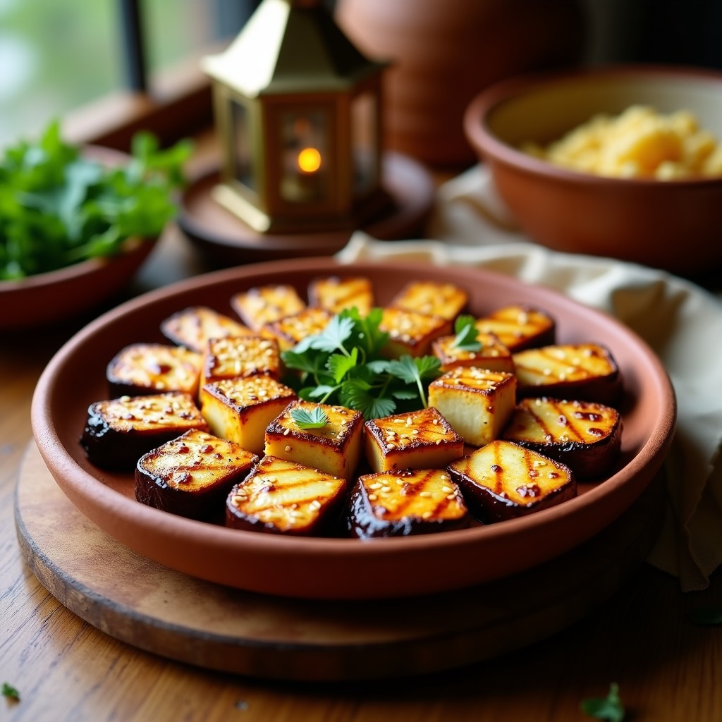 Brochetas doradas de berenjena marinada en adobo y queso halloumi crujiente, servidas en un plato de barro con semillas de sésamo y cilantro fresco. Receta español-marroquí en airfryer.