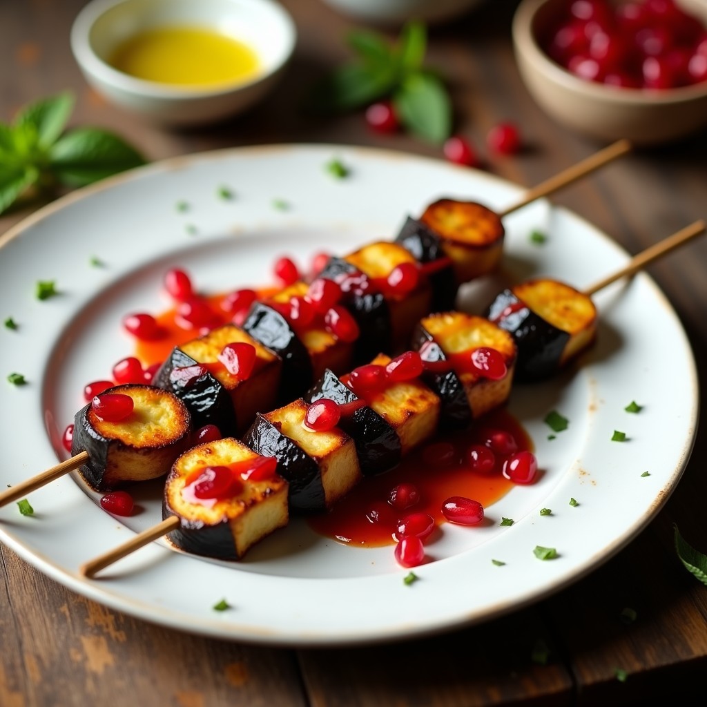 Brochetas doradas de berenjena ahumada y queso halloumi en palillos de madera, servidas en plato blanco con salsa de pomegranate vibrante y semillas rojas, receta griega en airfryer.