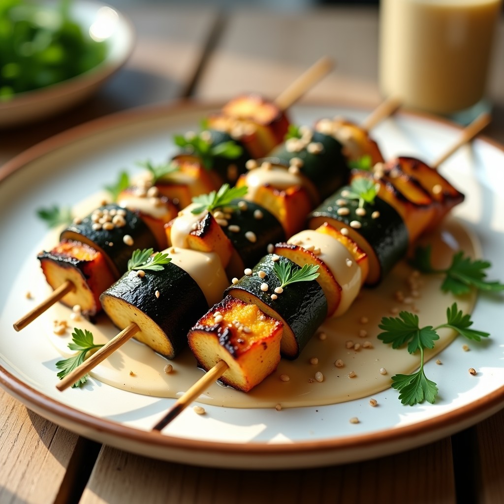 Brochetas de berenjena y calabacín doradas en Airfryer, servidas en plato blanco con aderezo cremoso de tahini y decoradas con cilantro fresco. Receta vegana crujiente y saludable.