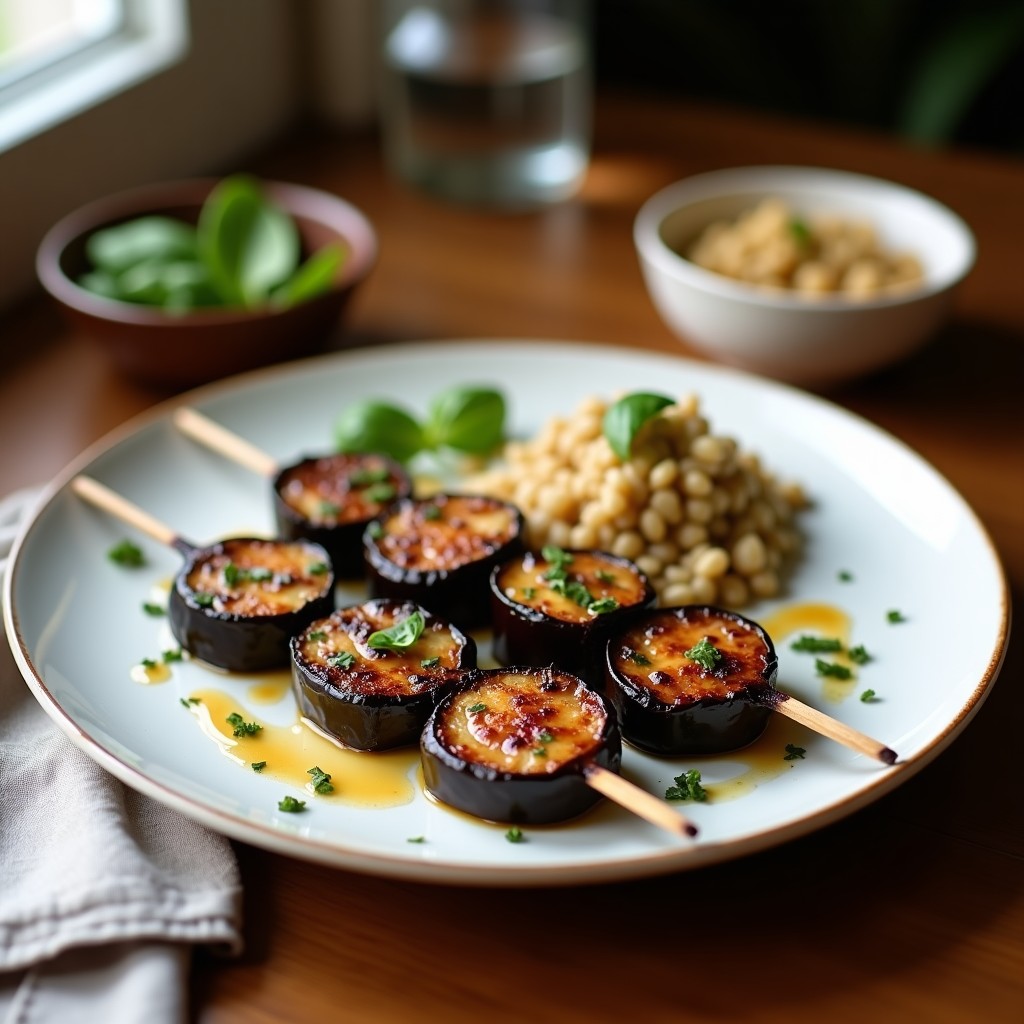 Brochetas de berenjena marinada y dátiles dorados en airfryer, servidas sobre un plato blanco con salsa de tahini cremosa, perejil fresco y semillas de sésamo espolvoreadas, receta árabe vegana.