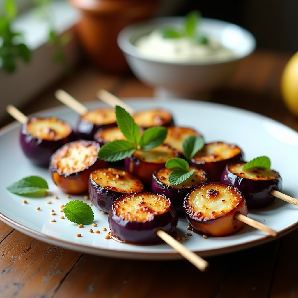 Brochetas doradas de berenjena morada y queso halloumi en palillos de madera, servidas en plato blanco con salsa de yogur y zaatar. Decoradas con hojas de menta fresca y semillas de sésamo. Receta chipriota en airfryer sin aceite.