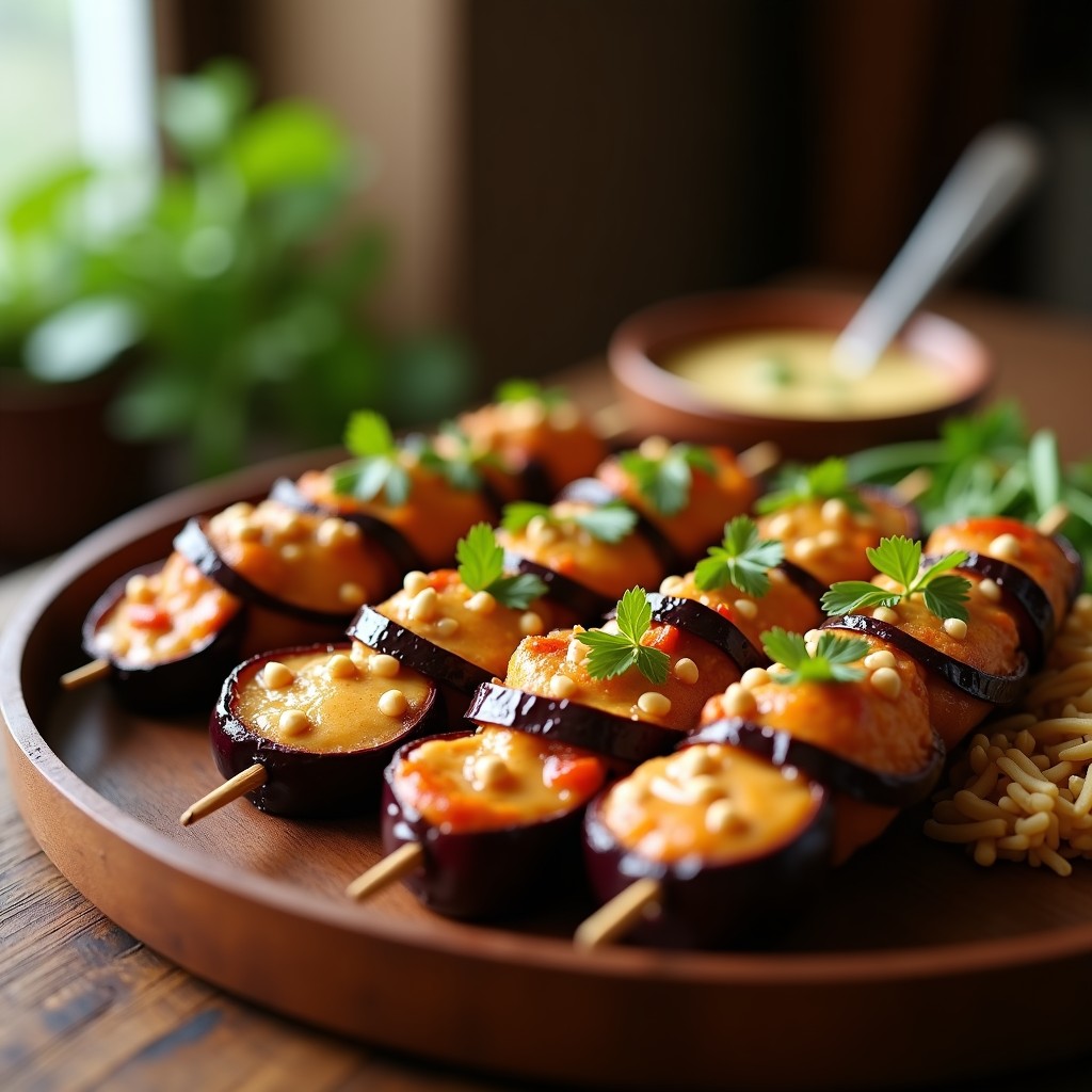 Brochetas doradas de pollo, berenjena morada y cebolla asadas en airfryer, bañadas en salsa satay de cacahuetes y decoradas con perejil fresco y cacahuetes picados sobre un plato de madera rústica.