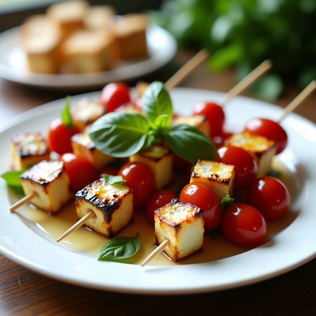 Brochetas de berenjena asada dorada, tomate cherry brillante y mozzarella de búfala cremosa, servidas en plato blanco con glaseado de miel y albahaca fresca. Receta italiana en airfryer crujiente y gourmet.