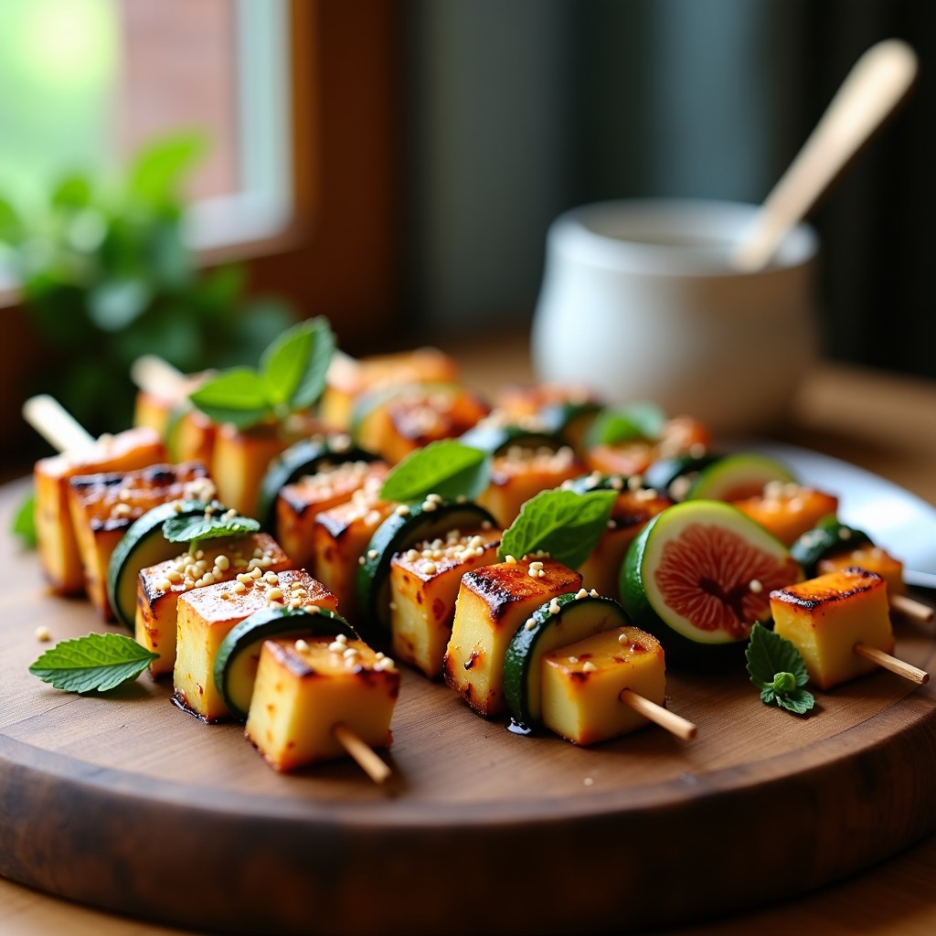Brochetas de Calabacín, Halloumi y Higos asadas a la barbacoa, con toques dorados en el queso y calabacín, higos jugosos y decoración de semillas de sésamo y hojas de menta fresca, sobre un fondo rústico de madera.