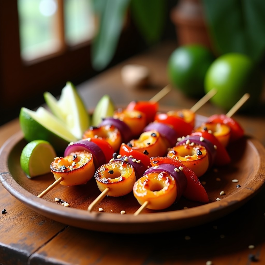 Brochetas de calamar y tamarindo con glaseado brillante de miel de abispa, servidas en un plato de madera rústico con rodajas de limón y semillas de sésamo tostadas, receta costarricense en airfryer.
