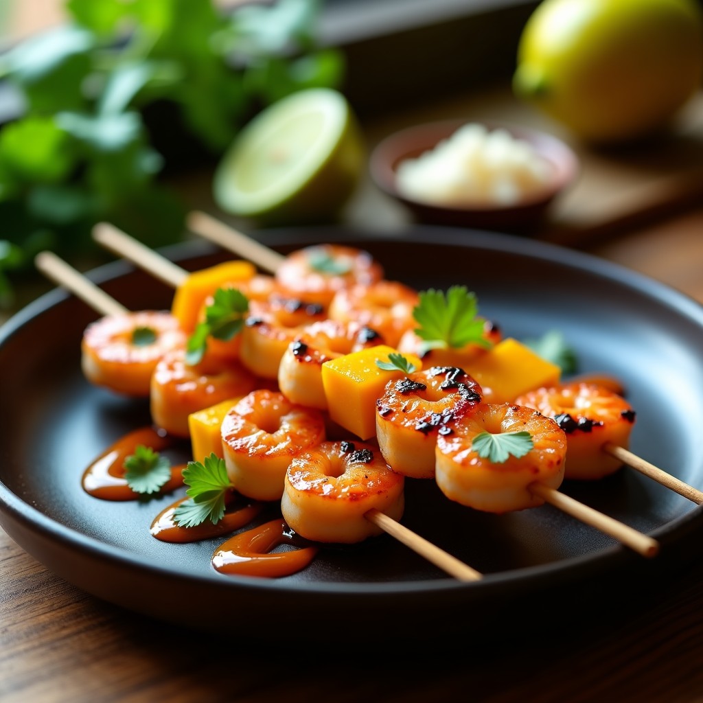 Brochetas de camarón y mango doradas en grill, bañadas en glaseado brillante de miel de agave y lima, decoradas con cilantro fresco sobre fondo rústico de madera.