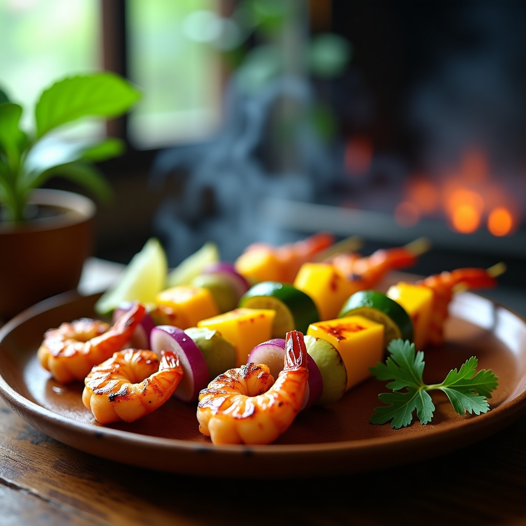 Brochetas de camarón y mango al grill con marinada de lemongrass, servidas sobre un plato de madera con rodajas de lima y hojas de cilantro fresco, fondo desenfocado con humo de grill.