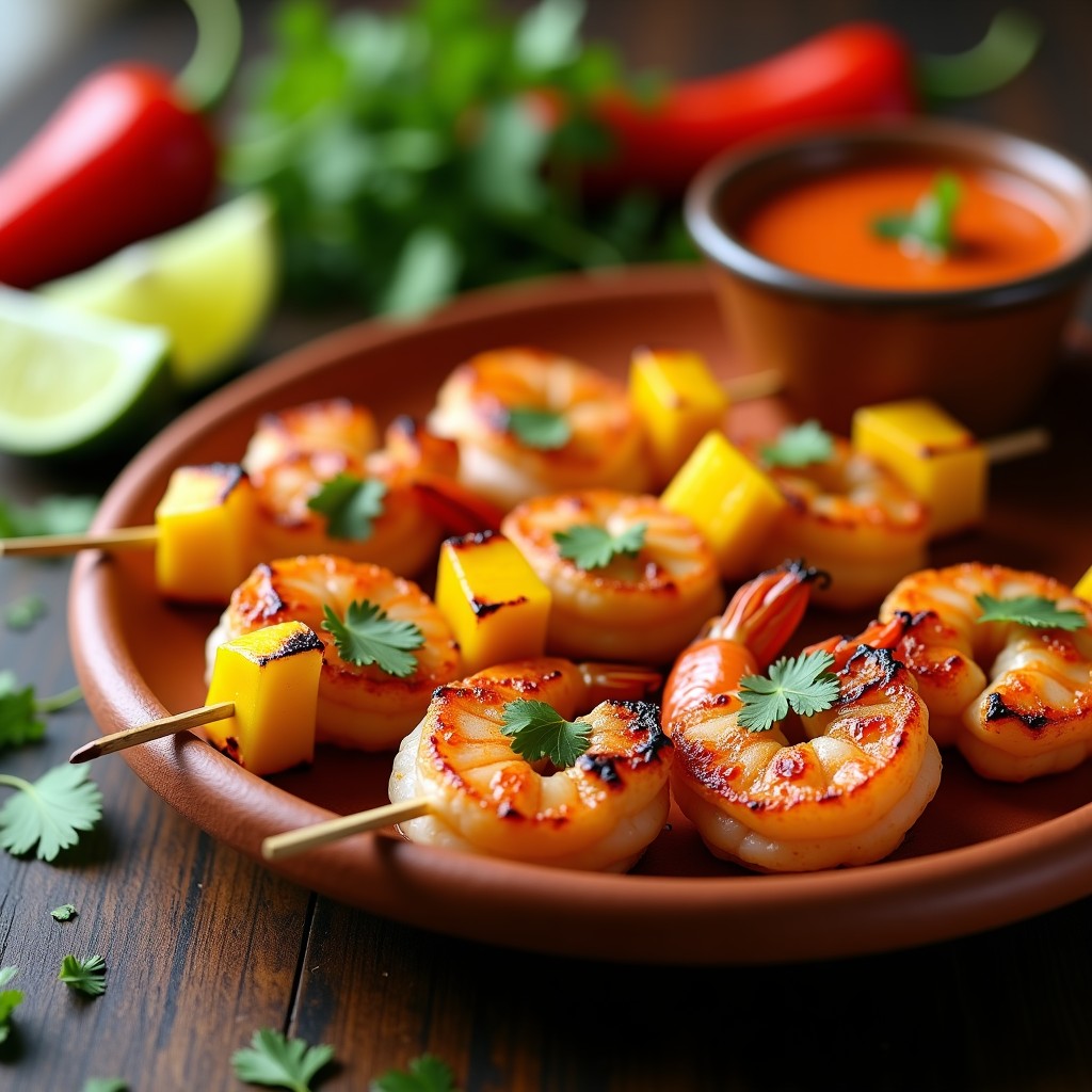 Brochetas de camarón y mango doradas en airfryer, servidas en plato de barro con salsa de chile habanero al lado. Fondos de ingredientes frescos como lime, cilantro y chile habanero.