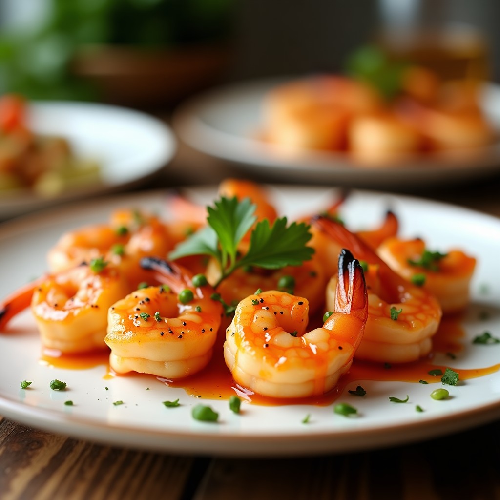 Brochetas coloridas de camarón glaseado y melón cantalupo fresco, con semillas de sésamo y cebollino, servidas en plato blanco rústico. Receta de aperitivo tailandés rápido y vibrante.