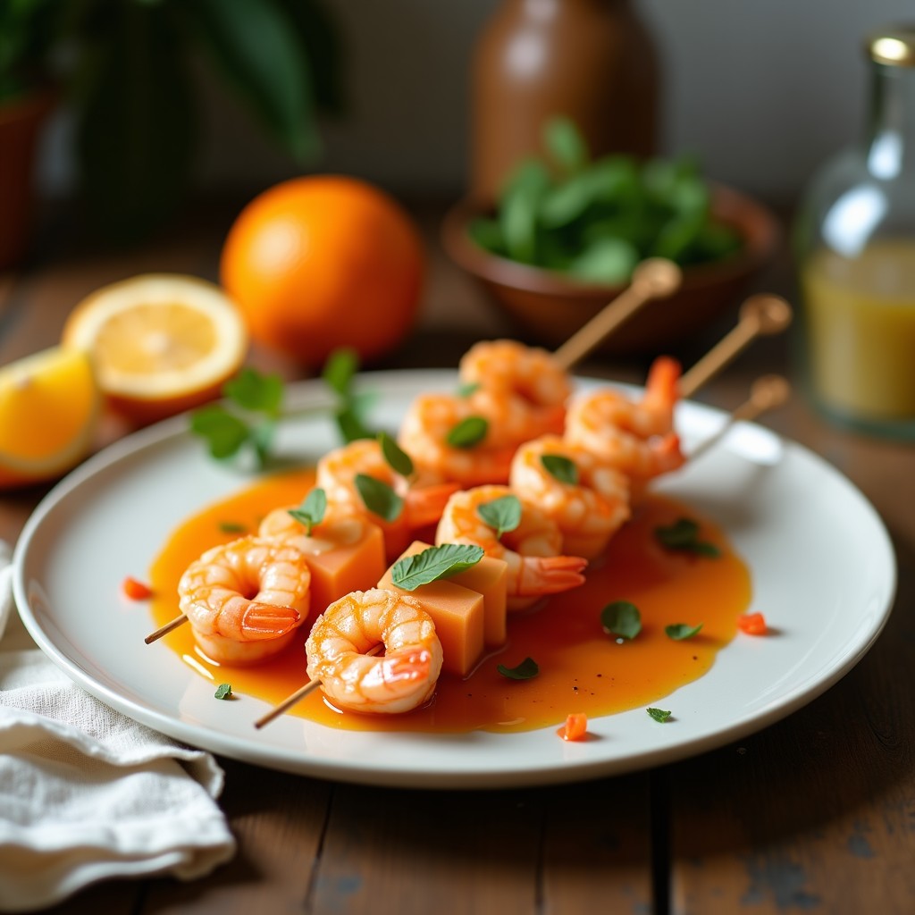 Brochetas de camarón y melón cantalupo asadas al grill, con marcas doradas, servidas sobre un plato de cerámica negra. Acompañadas de salsa de cítricos en un bol pequeño, decoradas con cebollino picado y pimienta de Sichuan. Fondos borrosos con limones y hojas de lime kaffir.