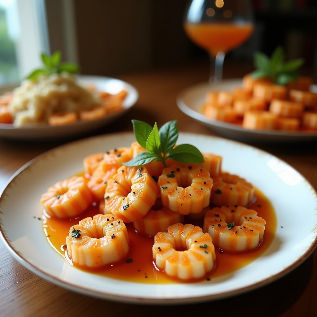 Brochetas de camarón y piña con marinada de achiote y naranja agria, receta caribeña en 20 minutos, servidas en plato blanco con decoración de hierbas frescas y rodajas de lima.