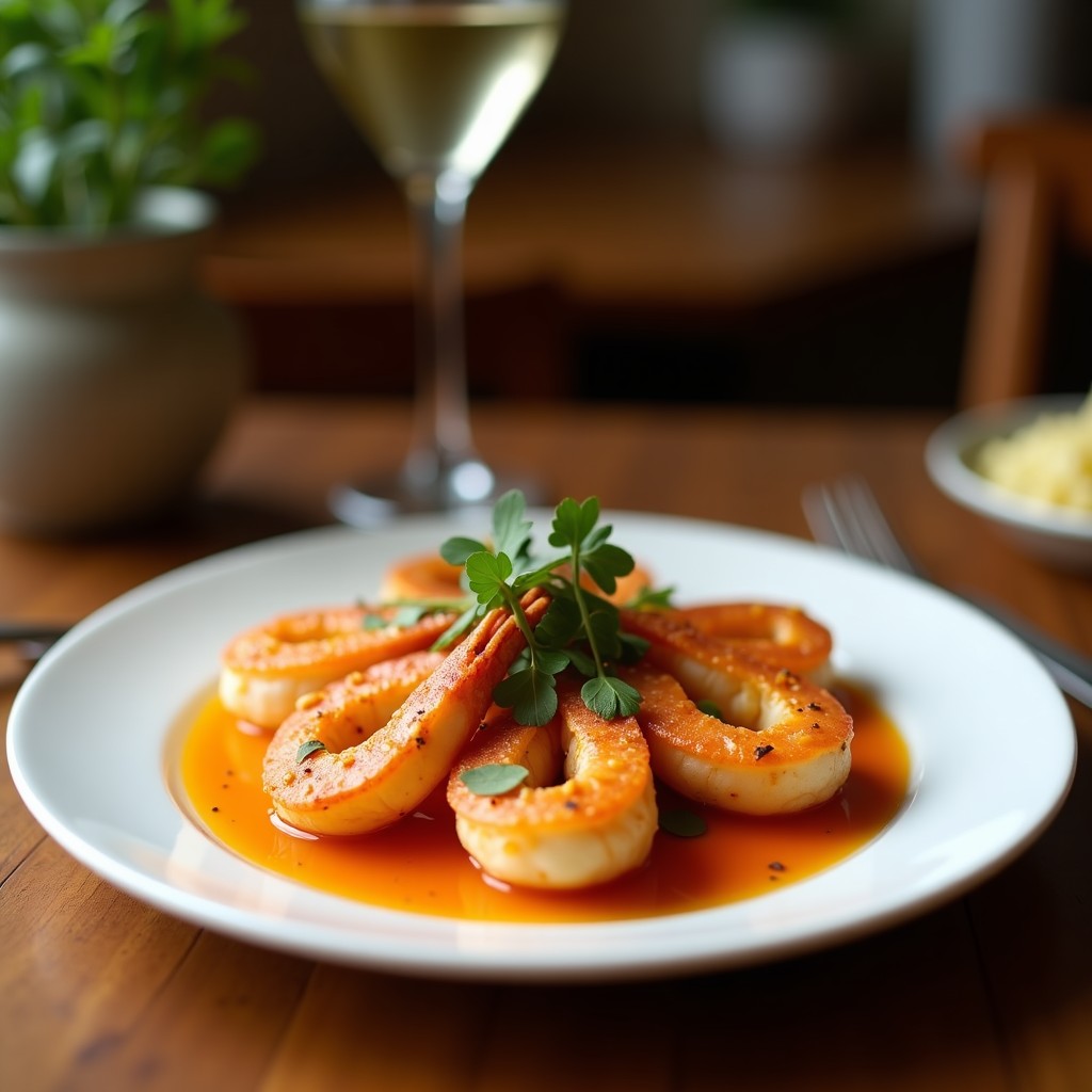 Brochetas de camarones y rodajas de guitarra doradas en airfryer, bañadas con salsa de maracuyá brillante, servidas en plato de madera con cilantro fresco y rodajas de limón. Receta colombiana para fiestas.