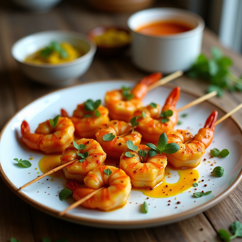 Brochetas de camarones dorados marinados en leche de coco y cúrcuma, con trozos de pimiento rojo y cebolla morada, servidas en un plato blanco con hojas de cilantro fresco y rodajas de limón. Receta en airfryer con toque antiinflamatorio.